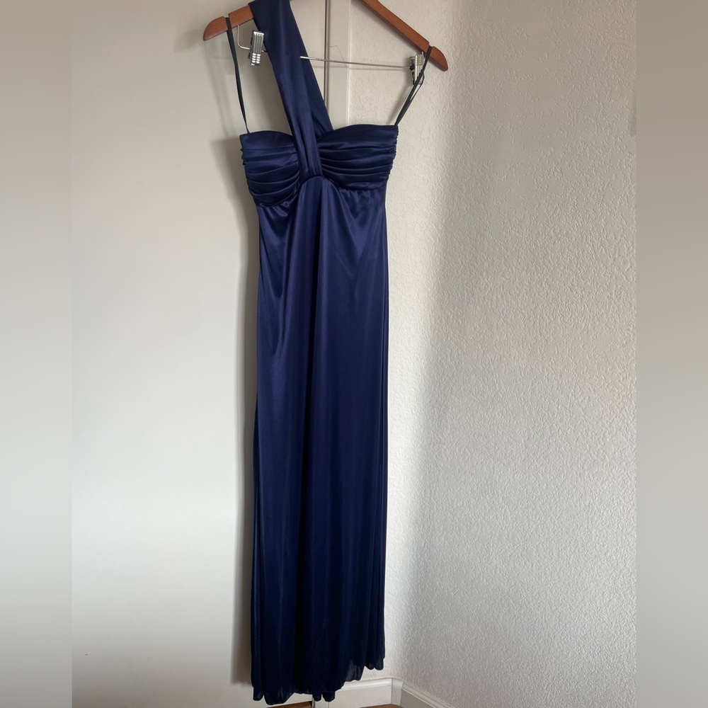 Windsor silky dark blue formal dress with one shoulder